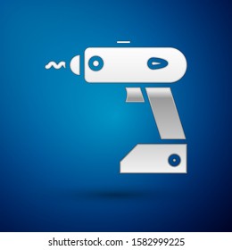 Silver Electric cordless screwdriver icon isolated on blue background. Electric drill machine. Repair tool.  Vector Illustration