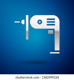 Silver Electric drill machine icon isolated on blue background. Repair tool.  Vector Illustration