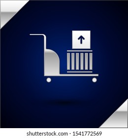 Silver Electric hand truck and boxes icon isolated on dark blue background. Dolly symbol.  Vector Illustration
