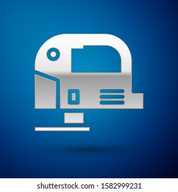 Silver Electric jigsaw with steel sharp blade icon isolated on blue background. Power tool for woodwork.  Vector Illustration