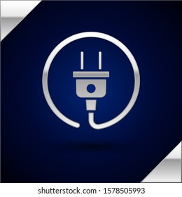 Silver Electric plug icon isolated on dark blue background. Concept of connection and disconnection of the electricity.  Vector Illustration
