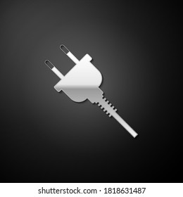 Icono de enchufe de Silver Electric aislado en fondo negro. Concepto de conexión y desconexión de la electricidad. Estilo de sombra larga. Vector.
