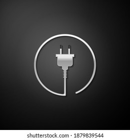 Silver Electric plug icon isolated on black background. Concept of connection and disconnection of the electricity. Long shadow style. Vector.