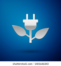 Silver Electric saving plug in leaf icon isolated on blue background. Save energy electricity icon. Environmental protection icon. Bio energy. Vector Illustration