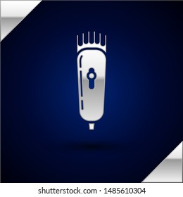 Silver Electrical hair clipper or shaver icon isolated on dark blue background. Barbershop symbol.  Vector Illustration