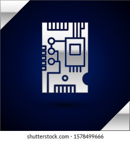Silver Electronic computer components motherboard digital chip integrated science icon isolated on dark blue background. Circuit board.  Vector Illustration