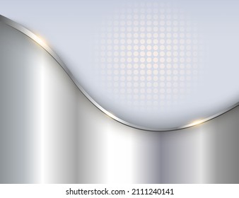 Silver elegant background with wave and dots pattern, halftone shiny metallic business background, vector illustration.