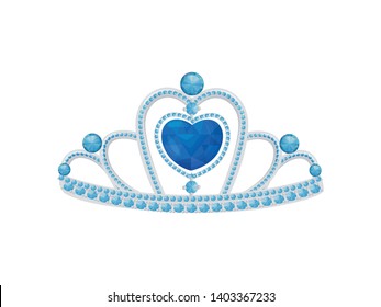 Silver elegant diadem with a large blue heart-shaped gem and small round sapphires. Vector illustration.