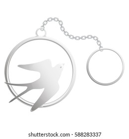 Silver elegant key chain with the image in the form of a swallow, vector isolated.