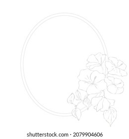 Silver elegant oval frame with hibiscus for greeting cards, wedding invitations and covers. White background. Vector isolated illustration.