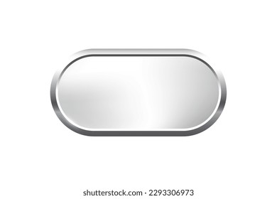 Silver ellipse button with frame vector illustration. 3d steel glossy elegant oval design for empty emblem, medal or badge, shiny and gradient light effect on plate isolated on white background.