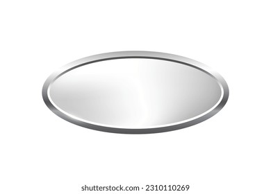 Silver ellipse button with frame vector illustration. 3d steel glossy elegant oval design for empty emblem, medal or badge, shiny and gradient light effect on plate isolated on white background.