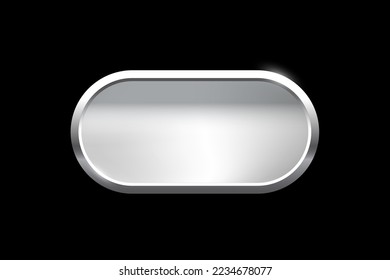 Silver ellipse shape button with frame vector illustration. 3d steel glossy elegant design for empty oval emblem, medal or badge, shiny and gradient light effect on plate isolated on black background.