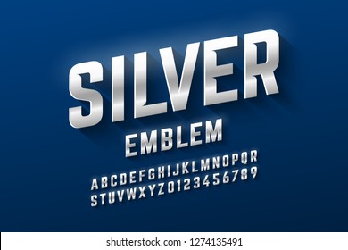 Silver Emblem Style Font, Metallic Alphabet Letters And Numbers Vector Illustration