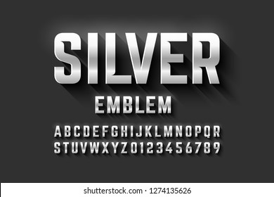 Silver emblem style font, metallic alphabet letters and numbers vector illustration