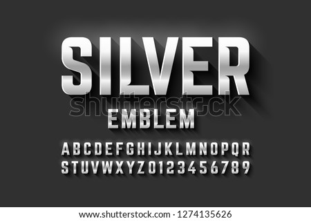 Silver emblem style font, metallic alphabet letters and numbers vector illustration