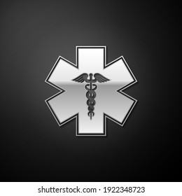 Silver Emergency star - medical symbol Caduceus snake with stick icon isolated on black background. Star of Life. Long shadow style. Vector.