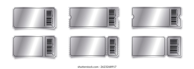 Silver empty tickets templates set. Coupon, sticker, discount tag mockups isolated on white background. Cinema, theater, concert, party, event, festival invitation entrance. Vector illustration.