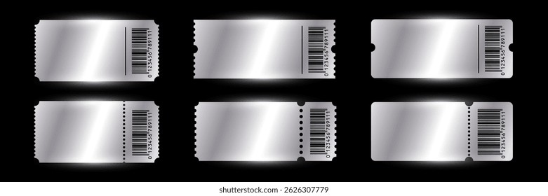 Silver empty tickets templates set. Coupon, sticker, discount tag mockups isolated on black background. Cinema, theater, concert, party, event, festival invitation entrance. Vector illustration.