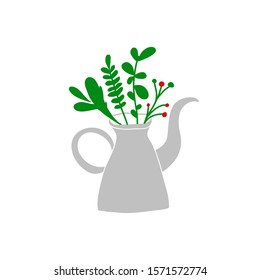 Silver enamel jug. Vector illustration of kitchen vase with greens, flat style icon. Scandinavian kitchenware.