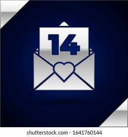 Silver Envelope with Valentine heart icon isolated on dark blue background. Message love. Letter love and romance.  Vector Illustration