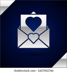 Silver Envelope with Valentine heart icon isolated on dark blue background. Message love. Letter love and romance.  Vector Illustration
