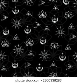 Silver Esoteric symbols on a black background seamless pattern. Moon star sun astrological signs, vector print.