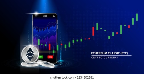 Silver Ethereum Classic (ETC)(USDC) Cryptocurrency blockchain. Online coin Blue background.  Smartphone Cryptocurrency Trading and playing stocks. Secure mobile banking finance. Vector illustration 3D