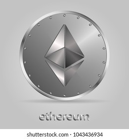 Silver ethereum coin. Cryptocurrency blockchain coin ethereum symbol. Vector illustration.