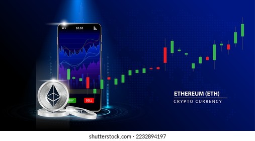 Silver Ethereum (ETH) Cryptocurrency blockchain. Online coin Blue background.  Smartphone Cryptocurrency Trading and playing stocks. Secure mobile banking finance concept. Vector illustration 3D.