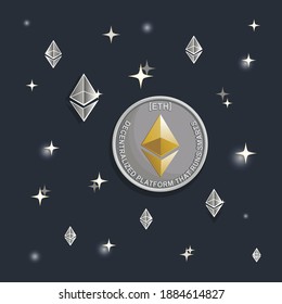 Silver Ethereum. High takeoff. Vector cosmic background. Virtual world of crypto-currency. Digital currency sign. Cryptography, illustration of financial technologies. Vector illustration
