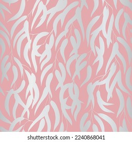 Silver eucalyptus branches with leaves on baby pink background, seamless vector pattern, texture, outline