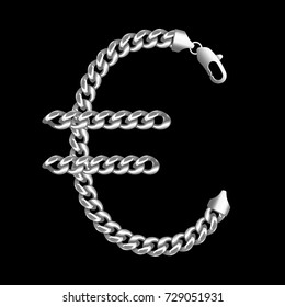 Silver euro money sign made of shiny thick silver chains with a lobster claw clasp lock.
Realistic vector detailed illustration isolated on a black background.