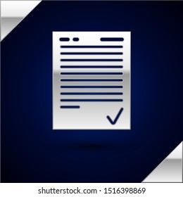 Silver Exam sheet with check mark icon isolated on dark blue background. Test paper, exam, or survey concept. School test or exam.  Vector Illustration