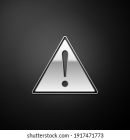 Silver Exclamation mark in triangle icon isolated on black background. Hazard warning sign, careful, attention, danger warning important sign. Long shadow style. Vector.
