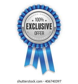 Silver exclusive offer badge, rosette with blue ribbon on white background