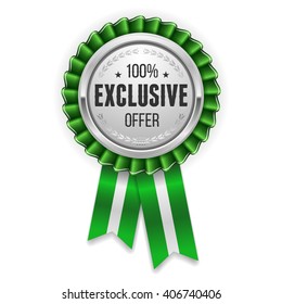 Silver exclusive offer badge, rosette with green ribbon on white background