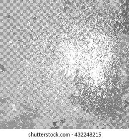 Silver explosion of paint splatter. Isolated on transparent gray background. White, gray glitter and sprinkles. Grainy abstract. Silver colored texture. Glowing spray stains abstract background vector