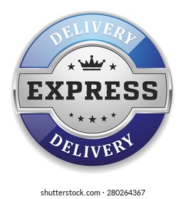 Silver express delivery badge with blue border on white background