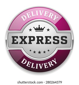 Silver express delivery badge with purple border on white background