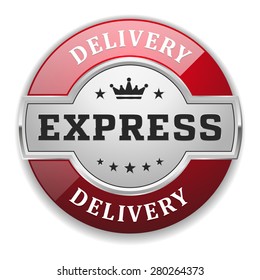 Silver express delivery badge with red border on white background
