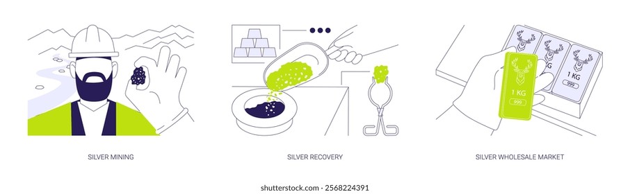 Silver extraction and refinery abstract concept vector illustration set. Silver mining and recovery, precious goods wholesale market, jewellery manufacturing business abstract metaphor.