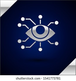 Silver Eye scan icon isolated on dark blue background. Scanning eye. Security check symbol. Cyber eye sign.  Vector Illustration
