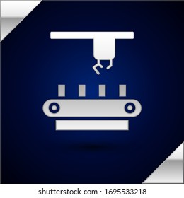 Silver Factory conveyor system belt icon isolated on dark blue background. Robot industry concept.  Vector Illustration