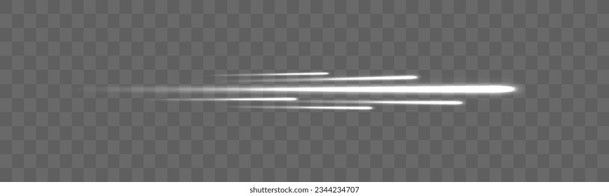 Silver fading neon light elements, vector. High speed. PNG. Swirling filament curve. Light glowing effect. Light trail wave, fire path trace line. Glowing white motion speed lines and blur. 