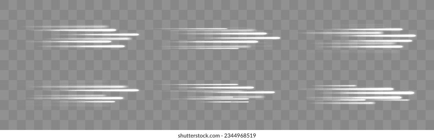 Silver fading neon light elements, vector. High speed. PNG. Swirling filament curve. Light glowing effect. Light trail wave, fire path trace line. Glowing white motion speed lines and blur. 