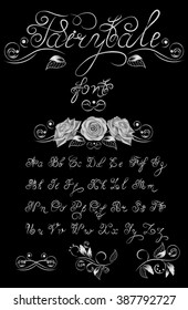 Silver, Fairytale, Vector hand drawn calligraphic font. Handmade calligraphy tattoo alphabet. Quote text. ABC.English lettering: lowercase, uppercase. Script, vintage, handcrafted, retro letters.