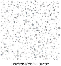 Silver falling confetti stars. Luxury festive background. Silver abstract texture on a white background. Element of design. Vector illustration