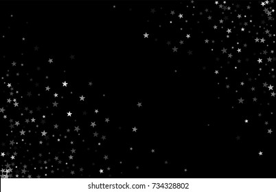 Silver falling confetti stars. Luxury festive background. Silver abstract texture on a black background. Element of design. Vector illustration, EPS 10.