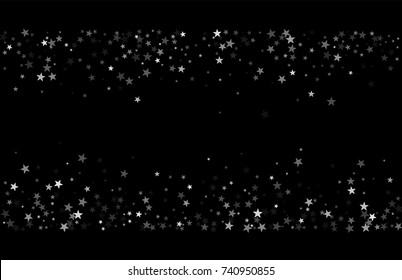 Silver falling confetti stars. Luxury festive background. Silver abstract texture on a black background. Element of design. Vector illustration, EPS 10.